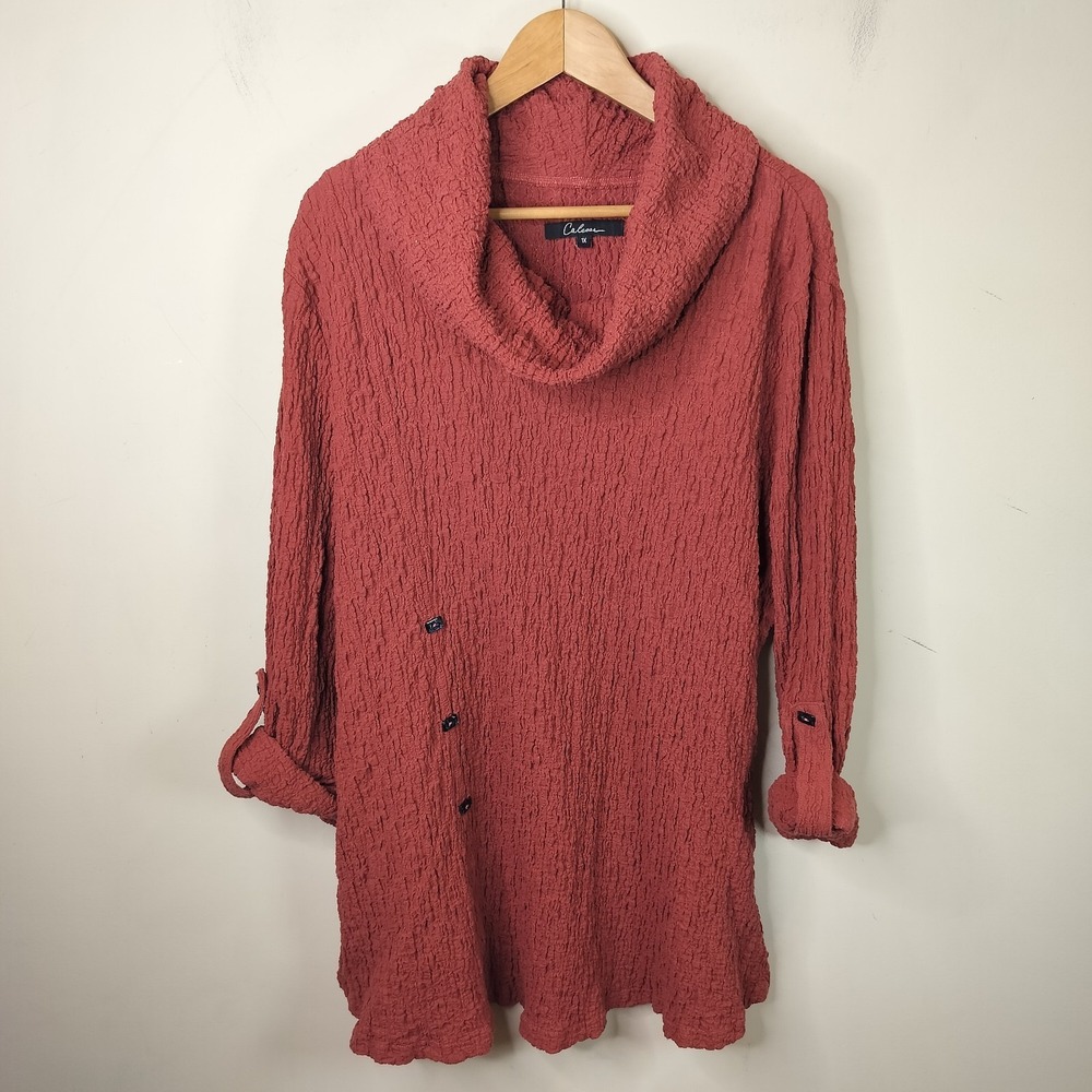Calessa Tunic Top Textured Stretch Knit Buttons Artsy Cowl Neck‎
